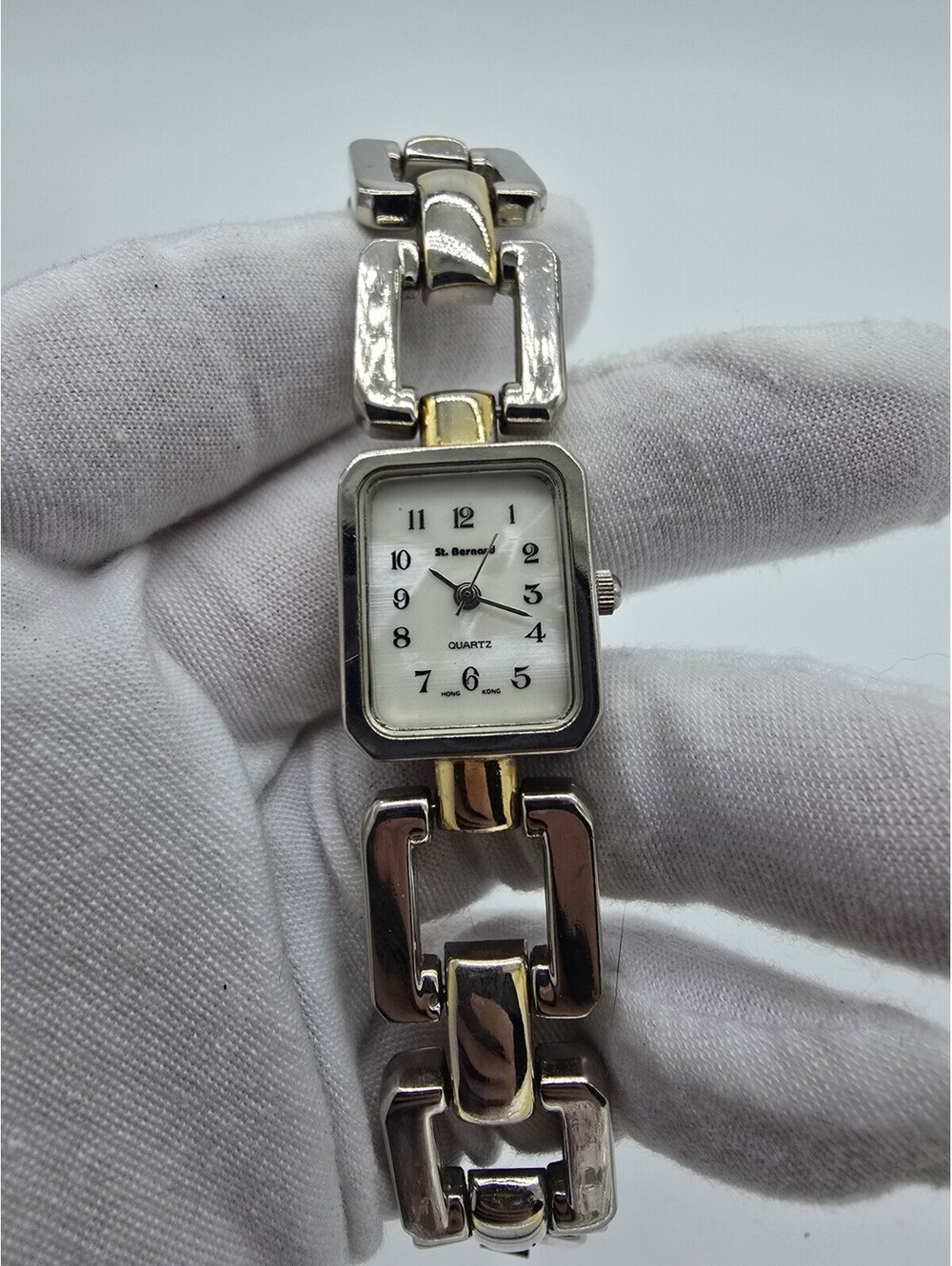 St. Bernard Women's Two Tone Silver Gold Link Bracelet Rectangular Quartz Watch